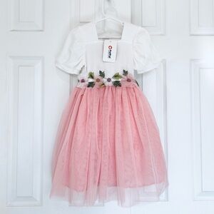 Toddler Girl Floral Mesh Splice Puff-Sleeve white Top Pink button Tutu Dress